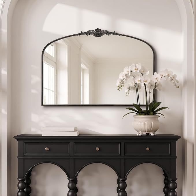Besdomus Vintage Arched Black Mirror: 48"x33" Oversized Decorative Mirrors | French Baroque Metal Framed - Traditional Ornate for Home Renovation Decor - Ideal for Foyer/Entryway/Fireplace/Living Room