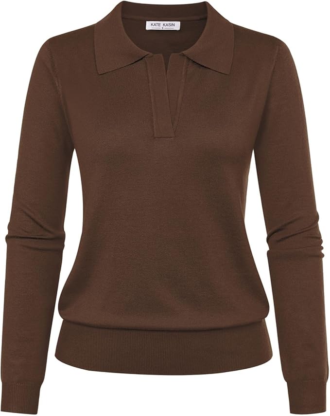 Women's Long Sleeve Classic V Neck Casual Fall Winter Polo Sweater Tops | Basic Collared Knitted Fashion Work Business Formal Daily Wear Versatile Pullover Shirts
