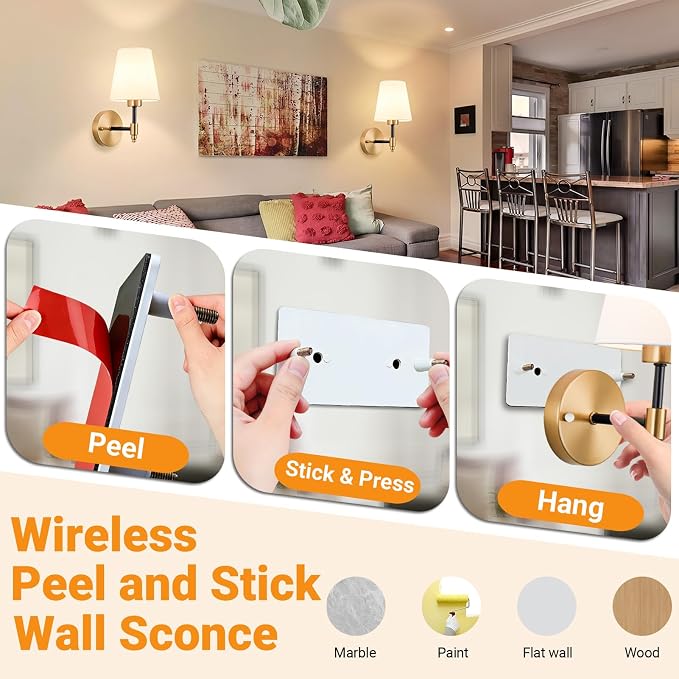 Nekhung Battery Operated Wall Sconce, Peel and Stick Sconces Set of 2 | Wireless Adhesive Stick On Wall Sconce, 10000mAh Rechargeable RGB Bulb with Remote, No Drill Wall Light for Bedroom Decor
