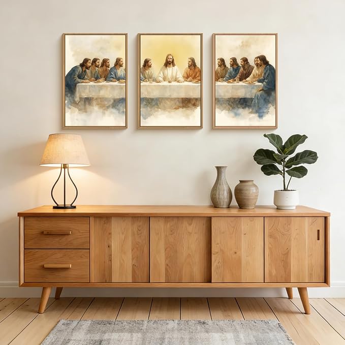 FWIEXA Jesus Last Supper Canvas Wall Art Set 3, Framed Easter Christian Decor Painting, Religious Boho Prints , Bible Watercolor Artwork, 24x36In Verse Scripture Pictures for Living Room,Bedroom,Prayer Room