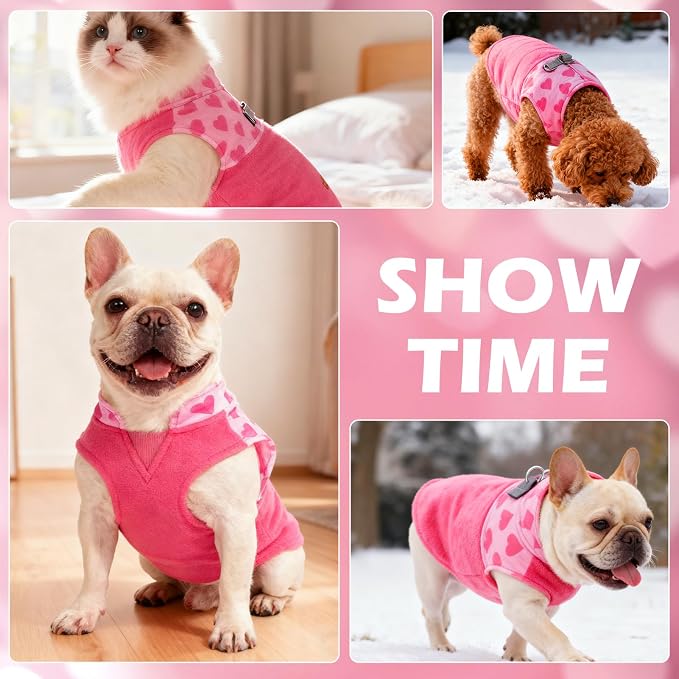 Fleece Dog Sweater - Valentine's Day Romantic Heart Dog Jacket, Winter Coat Vest with 2 D-Rings for Leash, Warm Pet Cold Weather Clothes Sweatshirt Outfits for Puppy Boys or Girls Pink L