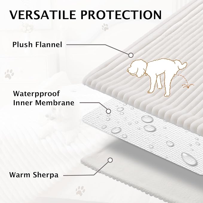 PuTian Waterproof Dog Blanket for Couch, 60"x80", Off White | Blocks Urine, Stains and Pet Hair to Guard Furniture, Perfect For Dogs & Cats On Couch, Bed, Car And Travel