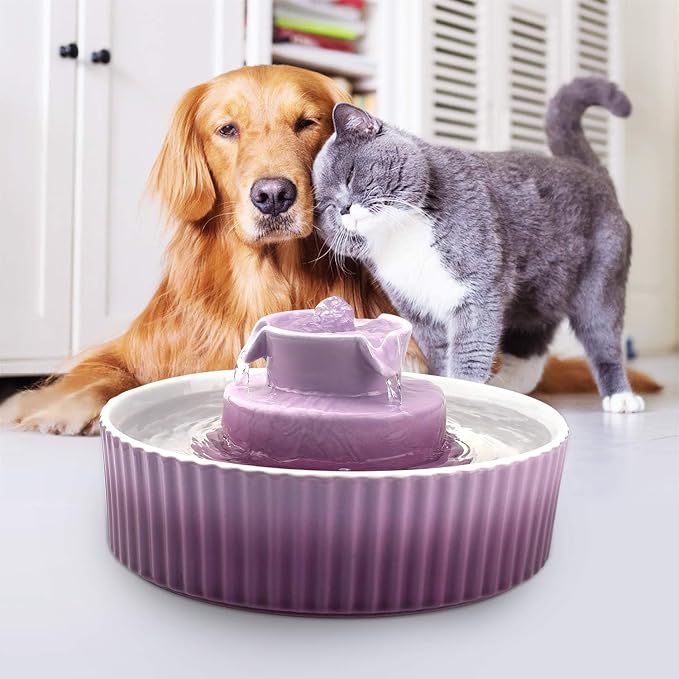 Ceramic Cat Fountain, 2.1L Pet Drinking Fountain for Cat and Dog, Cat Fountain Porcelain, Cat Water Dispenser with Activated Carbon Filter and Sponge Foam Pre-Filter (Purple)