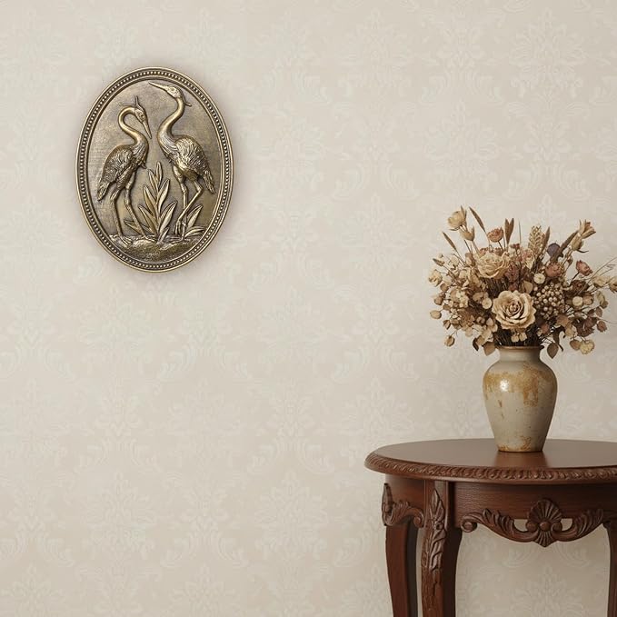 Vintage Crane Wall Sculpture, Antique Wall Decor, Crane Wall Art, Hand Painted Wall Decoration with Embossed Couple Birds Design, Heron Wall Art, Vintage Wall Decor for Living Room Bedroom Dining Room Hallway, Housewarming Gifts