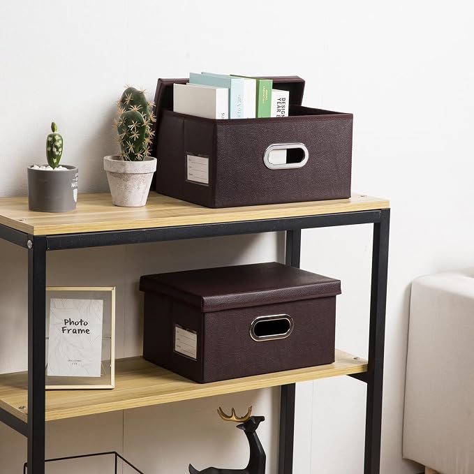 Collapsible Storage Box with Lid [3-Pack] Leather Fabric Foldable Storage Bin Organizer Container Basket Cube with Cover for Home Bedroom Closet Office Nursery Brown(13.6x9.6x6.9)