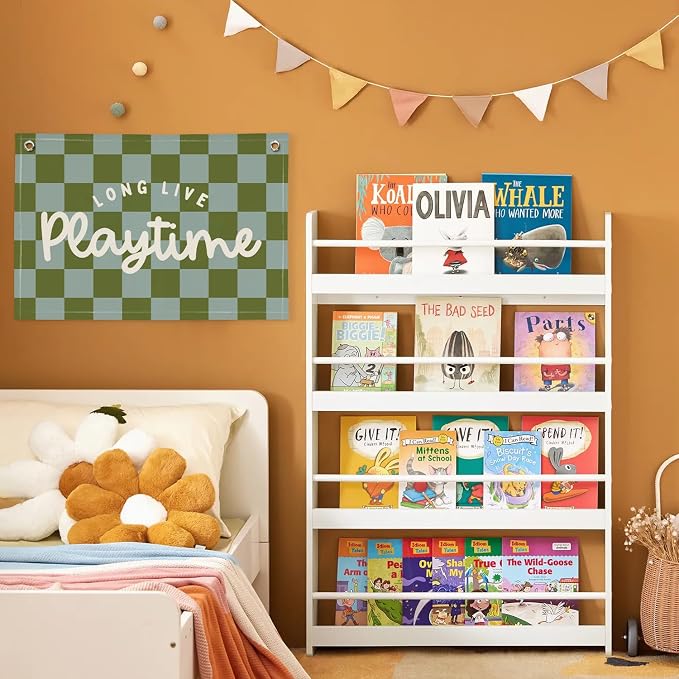 Playroom Decor Long Live Playtime Banner, Green And Blue Checkered Pattern Banner Linen Hanging Banner Flag for Nursery Toddler Room, Boys Girls Kids Room Decor,Classroom Decorations 30x20
