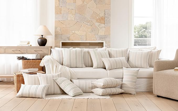 Hckot Striped Throw Pillow Covers 24x24 Set of 2 Charcoal Pillow Covers | Large Farmhouse Decorative Pillows Textured Linen Square Cushion Covers for Sofa Couch Bed Living Room Decor