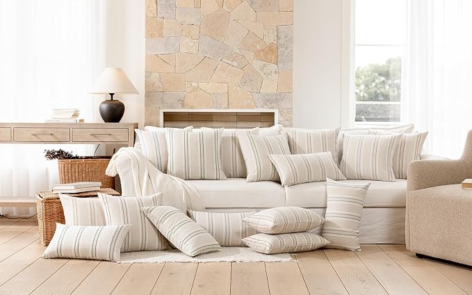 Hckot Dusty Blue Decorative Pillow Covers Stripe Throw Pillow Covers 18x18 | Set of 2 Farmhouse Decorative Pillows Textured Square Cushion Covers for Sofa Couch Bed Living Room Decor