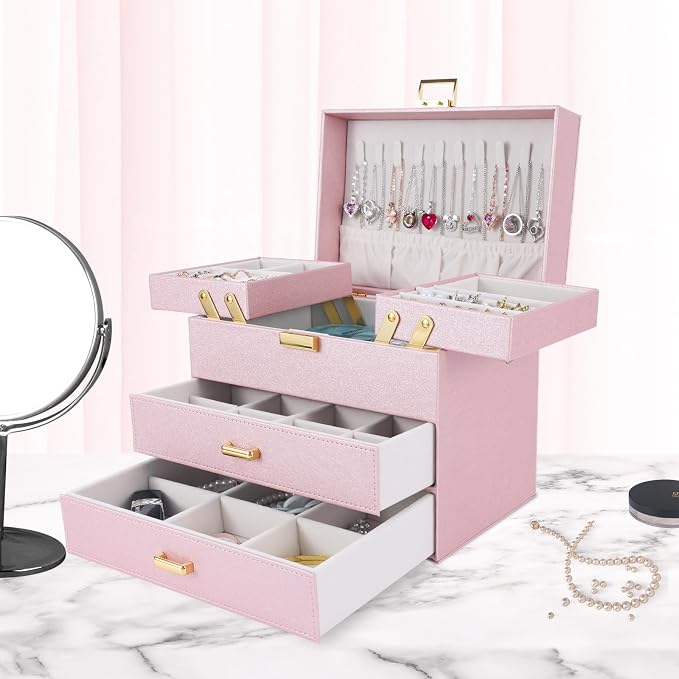 Jewelry Organizer Box, Large Jewelry Boxes for Girls, Space-Saving 4 Layers Jewelry Storage Case with Drawer, Gift for Women, Movable Metal Stand, Modern (Pink+ Gold)