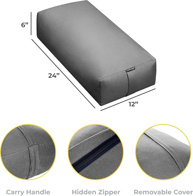 Extra Firm Large Yoga Bolster, 24" x 12" x 6" Cinched OR Zippered Yoga Pillow, Rectangular Cotton Cushion With Removable Cover for Studios, 1 Pack or 2 Pack