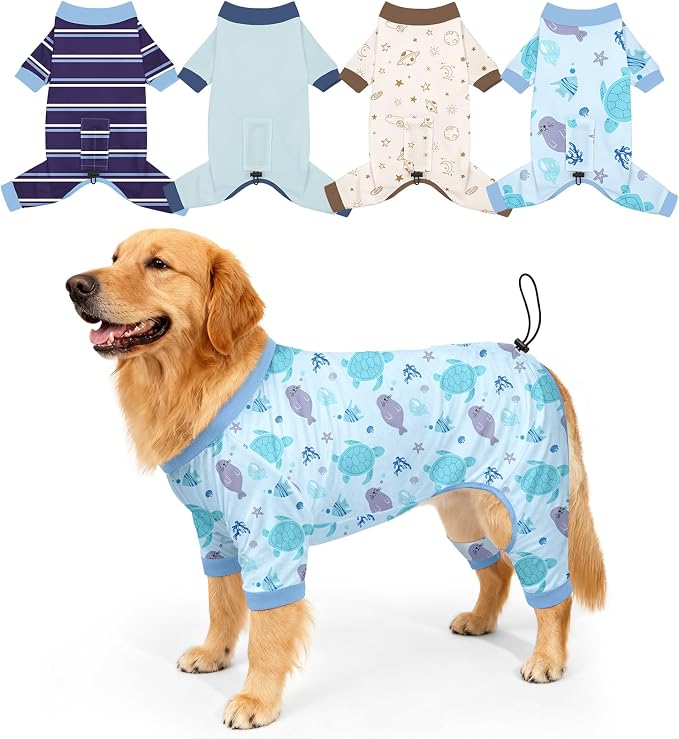 Bienbee Dog Pajamas, 4 Pack Adjustable Onesies for Small to Large Dogs 3XL | Dog Shedding Suit with Soft Fabric, Breathable & Stretchy, and Adjustable Back Length for Sleeping Lounging and Daily Use