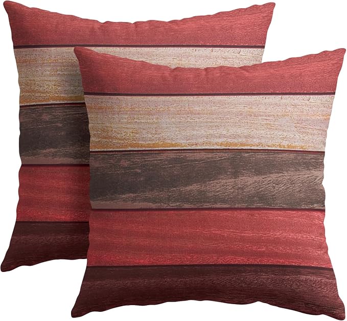 Kawani Red Wooden Throw Pillow Covers 18x18 Inches - 2 PCS Brown Farmhouse Wood Grain Cotton Linen Square Pillow Cushion Case with Hidden Zipper for Bed Couch Bedroom Living Room Decor
