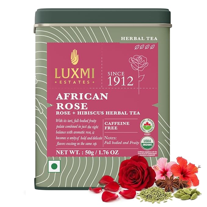 Luxmi Estates African Rose Hibiscus Tea | Loose Leaf, 50g (1.76oz, 25 Cups) | USDA Organic 8-Herb Floral Blend with Hibiscus, Rose Petals, Fennel, Cardamom, Chamomile, Star Anise & Cornflower, Caffeine-Free, Vegan