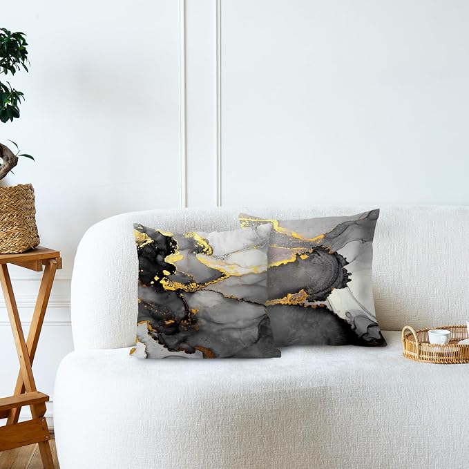 Black Grey and Gold Marble Texture Pillow Covers 20x20 Double-Sided, Abstract Modern Decorative Throw Pillow Covers for Living Room Bedroom, Modern Home Decor, Black and Gold Decor, Set of 2
