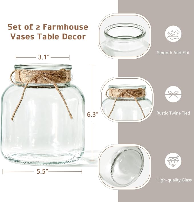Houmury Glass Vases for Centerpieces Set of 2 Farmhouse Utensils Holder 6 Inch Clear Large Vase with Twine Ties Home Decor for Wedding Living Room Dining Table Office (2)