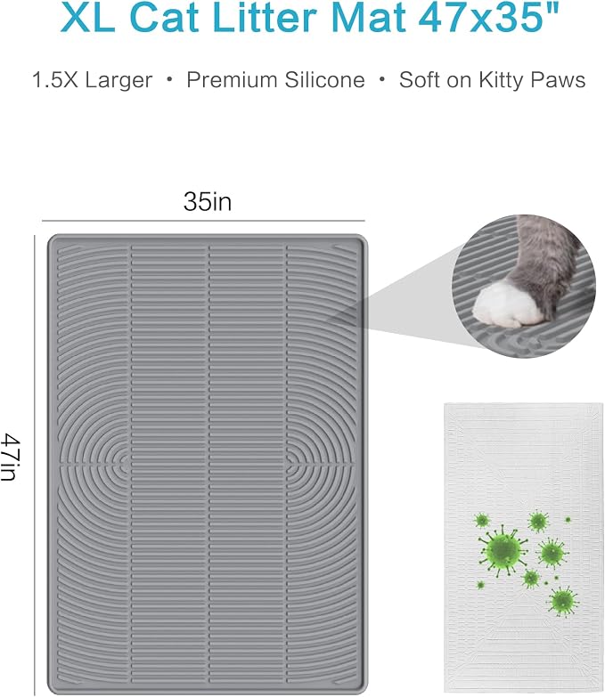 Extra Large Cat Litter Mat XL, 47" x 35", Silicone Waterproof | Traps litter, Easy to clean, Vacuum & wipe off, Waterproof backing, Non-slip design, Soft on paws