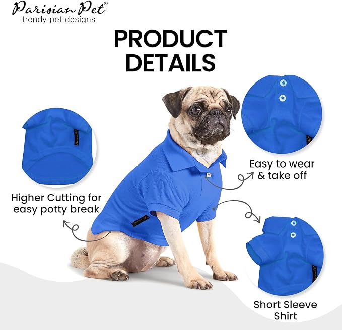 Parisian Pet Dog Polo Shirt – Classic Blue Cotton Pet Apparel with Collar & Buttons - Soft Breathable Puppy T-Shirt - Cute Dog Clothes - Ideal Summer Clothes for Large Dogs - Shirts for Dogs Boy