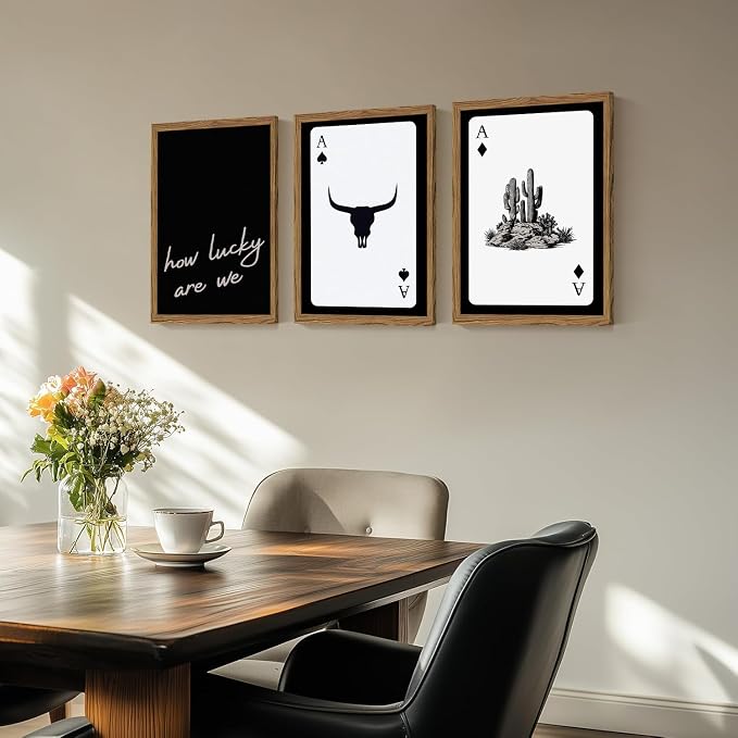 Western Wall Art Set of 3, Southwestern Cowboy Playing Card Wall Decor, Longhorn Bull Skull and How Lucky are We Poster Canvas Painting Prints for Bedroom Living Room 12x16 inch Wood Framed