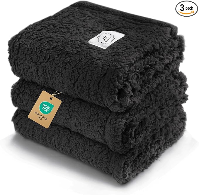 1 Pack 3 Calming Blankets Fluffy Premium Fleece Pet Blanket Soft Sherpa Throw for Dog Puppy Cat Black Small (23”x16'') | Fluffy Throw Blanket Washeble for Crate Bed Couch Indoor. Cozy Pet Blanket, Puppy Essentials Dog gift,Black,Small