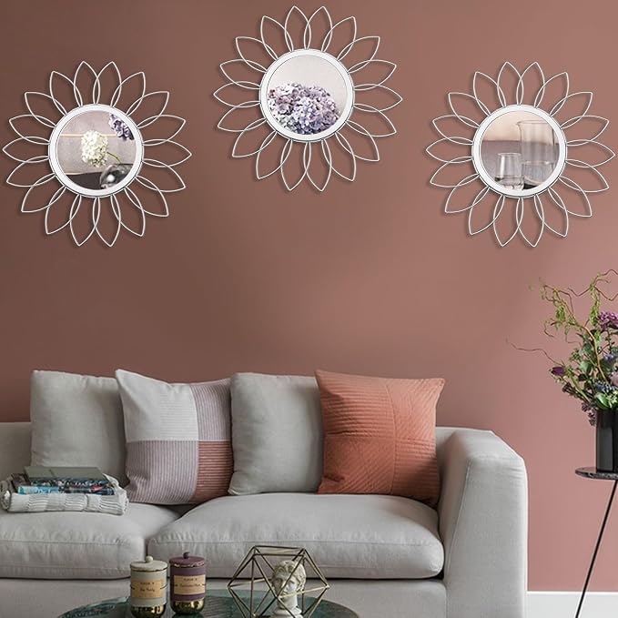 3 Pack Metal Mirrors for Wall Sunburst Wall Mirrors Home Décor Decorative Hanging Wall Art for Living Room Bedroom Entryway (Silver, Flowers)