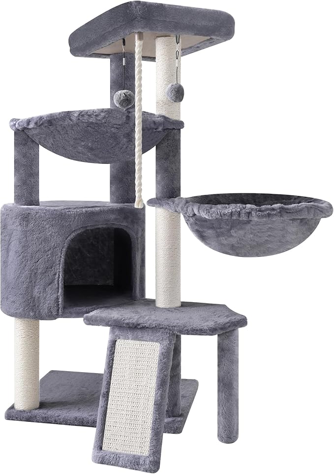 Three Layer Cat Tree with Cat Condo Scratch Pad and Two Hammocks,Grey | 3-Tier Cat Tree,Natural Sisal,Replaceable Hanging Balls,Sturdy Cat Furniture for Kitten&Adult Cat