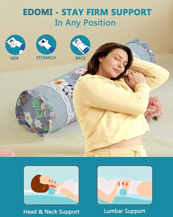 Buckwheat Neck Roll Pillow,15.7"x4.7" Adjustable Hard Cooling Cylinder Neck Support for Sleeping, Removable Soft Floral Pillow Covers, Ergonomic Yoga Bolster Pillow for Bed, Blue Flower