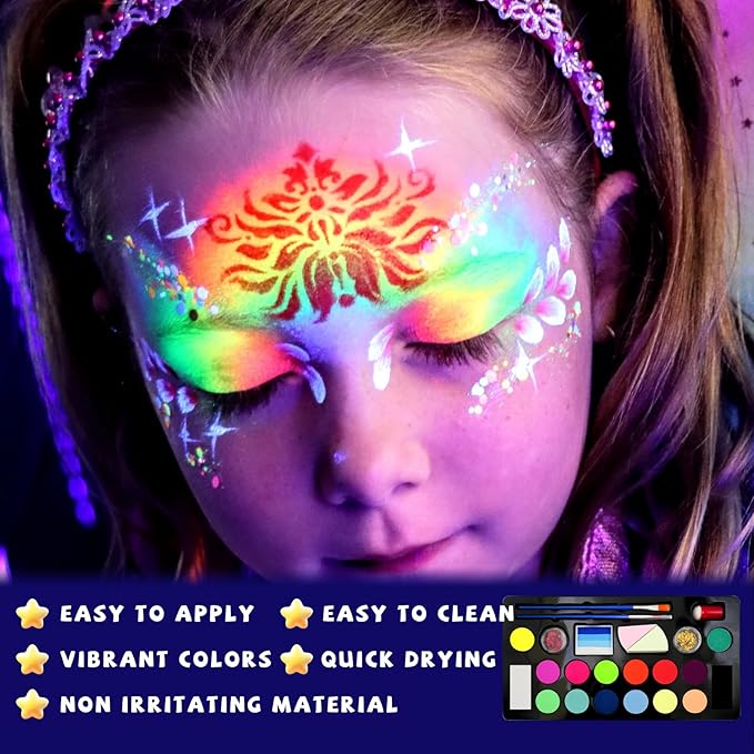 Face Paint Kit for Kids: 20 Colors Water Based Non-Toxic Face Painting Kit, with Brushes, Stencils, Glitter Gems, Ideal for Halloween, Cosplay, Carnival, Birthday Parties Face Body Makeup Kit