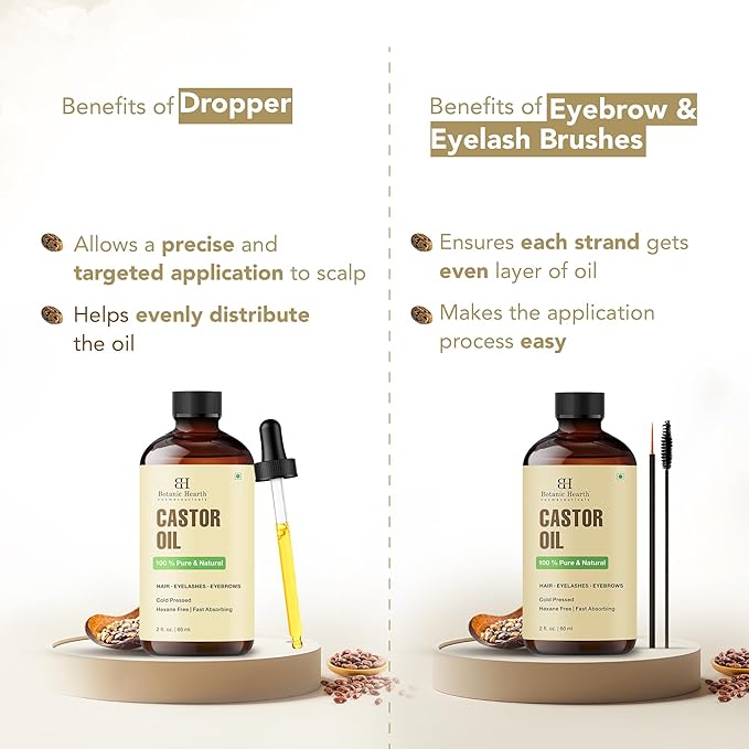 Botanic Hearth Castor Oil & Hair Treatment Oils| 100% Pure & Natural, Cold Pressed | 2 fl oz| For Hair, Eyelashes & Eyebrows | Hexane Free, Fast Absorbing | With Applicators & Dropper