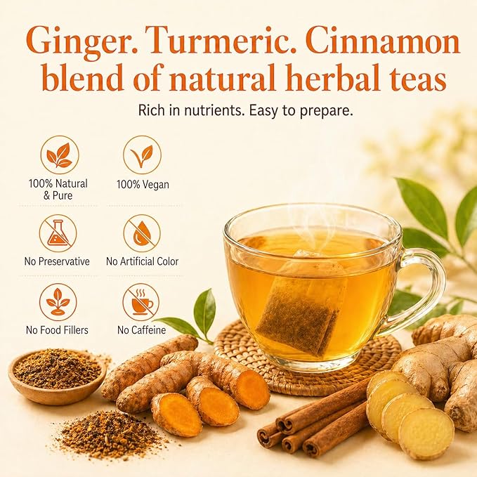AIGGGO Turmeric Ginger Cinnamon Tea Bags, Digestive Support, 60 Count | 100% natural turmeric, ginger and cinnamon blend for digestive and immune support, no sugar, vegan and gluten-free