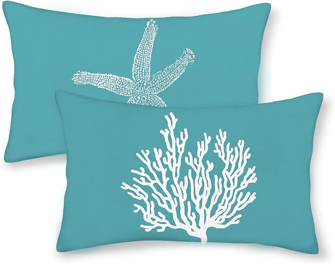 Coastal Pillow Covers 12x20 Set of 2 Aqua Teal Turquoise Coral Starfish Throw Pillows Nautical Ocean Decorations Summer Linen Beach Pillowcase Outdoor Decor Farmhouse Cushion Case for Couch