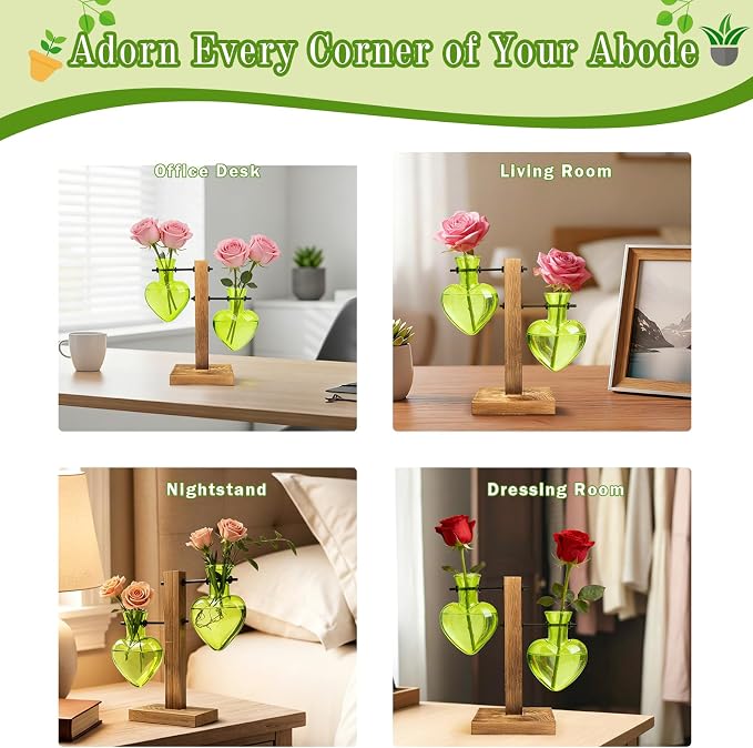 XXXFLOWER Plant Propagation Station Terrarium 2 Green Heart Shaped Vase | Terrarium Kit Bulb Glass Metal Desk Plant Holder, Retro Air Plants Water Plants, Home Office Decoration
