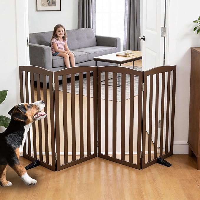 ZJSF Foldable Freestanding Indoor Dog Gate for House Wood Long Pet Gates Dog Fence for Stairs Puppy Gates for Hallways, Puppy Gate,Support Feet Included, Brown, 32 "Height-4 Panels