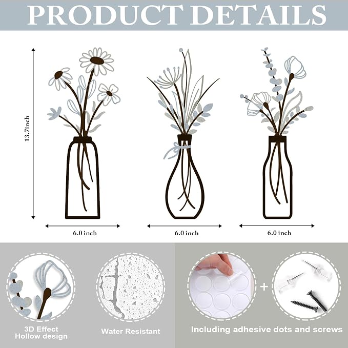 3 Pieces Metal Vase Flowers Wall Arts - Rustic Farmhouse Style Décor Metal Wall Art Black Minimalist Flower Natural Themed Wall Decors for Home Bedroom Dining Room Housewarming (Brown-Blue, Vase-C)