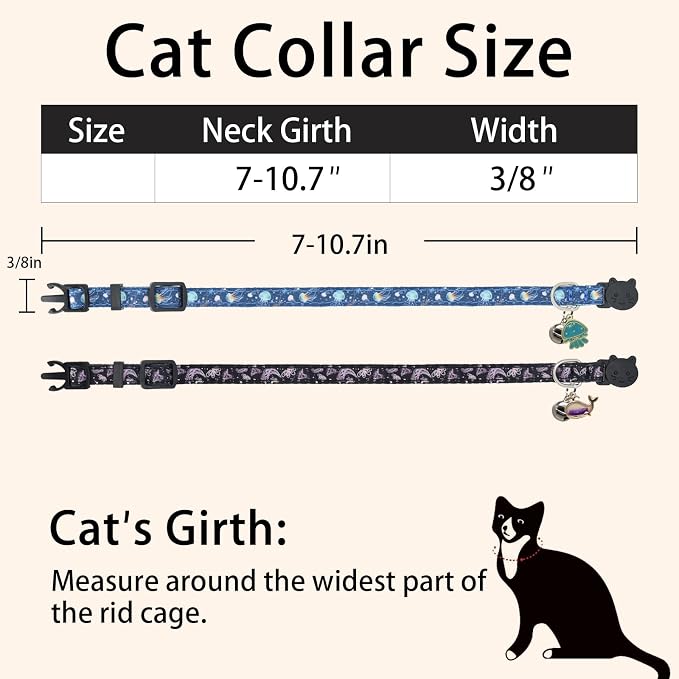 Cat Collar Breakaway, 2 Pack Cotton Kitten Collars with Bells and Removable Charms, Cute Ocean Shaped for Indoor Boy, Girl and Adult Cats