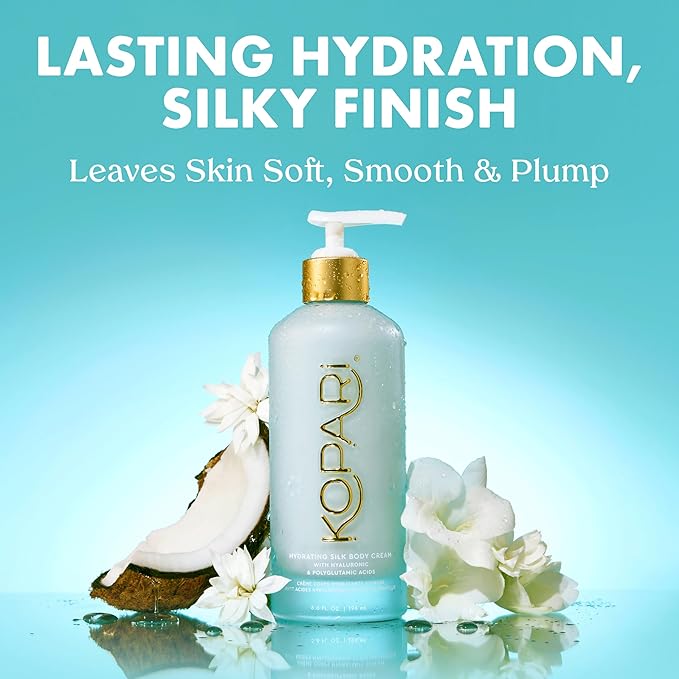 Kopari Hydrating Silk Body Cream with Hyaluronic & Polyglutamic Acids – Long Lasting Moisturizer for Dry Skin, Lightweight & Silky Texture, Sweet Coconut Milk Scent, 6.7 oz