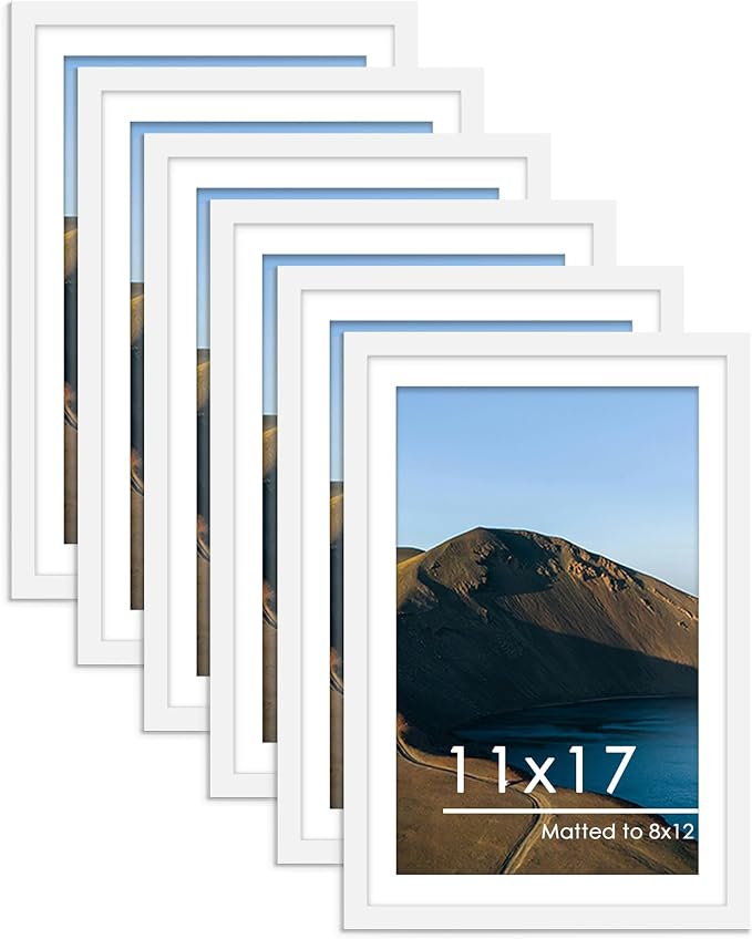 11x17 Picture Frame Set of 6, Wall Mount Display, White | Display Pictures 8x12 with Mat or 11x17 without Mat,Horizontal or Vertical,Gallery Wall Frame Set,Wedding Birthday Gifts