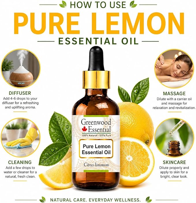 Greenwood Essential Pure Lemon Essential Oil (Citrus limonum) with Glass Dropper Steam Distilled 30ml (1 oz)