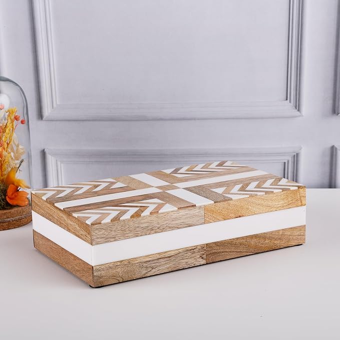 Handicrafts Home White Decorative Storage Box with Lid Wood Remote Control Box Coffee Table Storage Box Remote Holder for Living Room Decor – Resin Inlay Patisserie Adorn Collection- 8x5x2