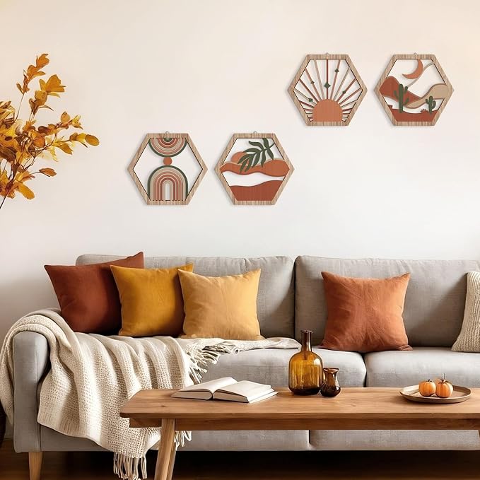 4 Pcs Boho Wall Art Decor, Bohemian Geometric Hanging Wood Sign for Living Room, Aesthetic Abstract Desert Cactus, Minimalist Farmhouse Botanical Wooden Plaque for Apartment Bedroom(11''x9.8'')