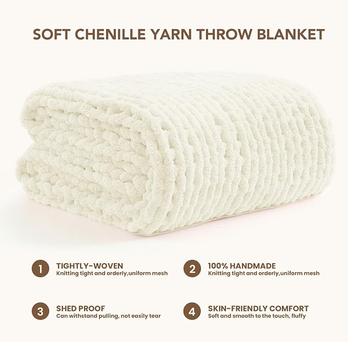 L'AGRATY Chunky Knit Throw Blanket for Couch, 50 x 70 Inches, Cream White | Handmade Chenille Crochet Blanket for Sofa Bed, Thick Cable Knitted Blankets for Room Home Decor, Birthday Gift for Women Mom