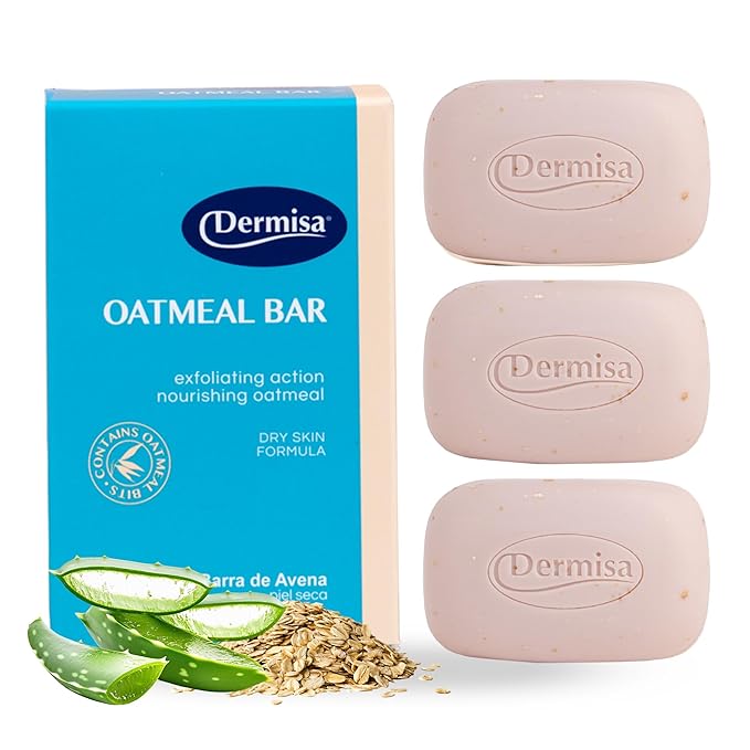 Dermisa Oatmeal Bar with Colloidal Oatmeal and Soothing Aloe Vera - Gently Exfoliating Face and Body Soap for Sensitive and Dry Skin - 3.0 Oz, Pack of 3