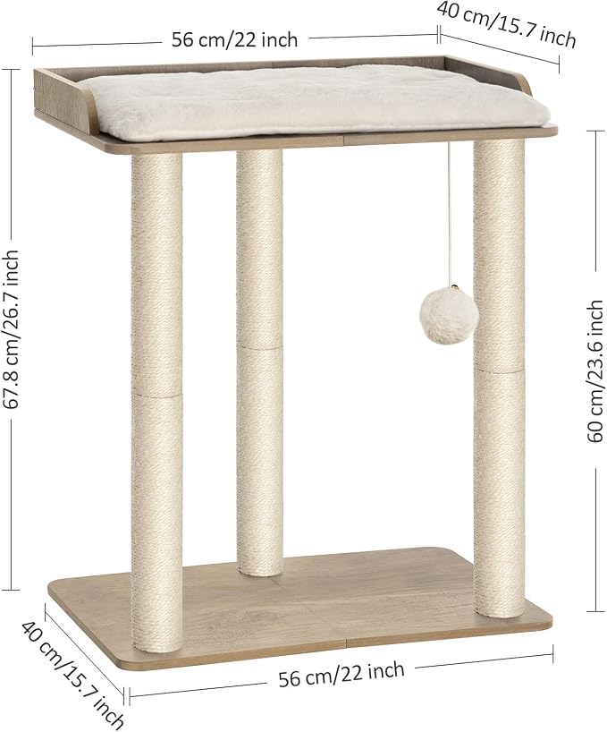 26.7in Large Cat Tree Tower Condo, Cat Scratch Posts for Indoor Cats, Big Plate, Three 23.6in Full Sisal Scratching Posts, Greige