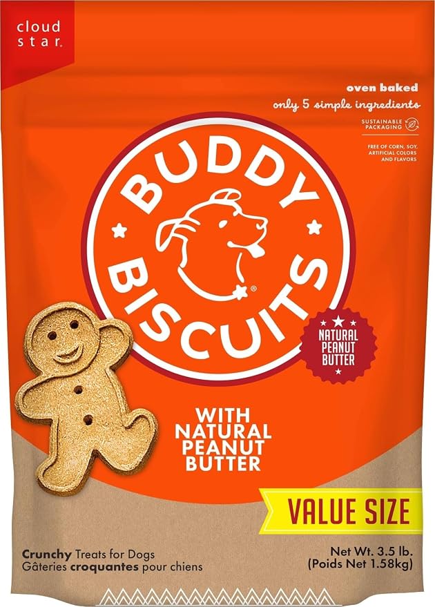 Buddy Biscuits Crunchy Dog Treats, Peanut Butter, 3.5 lbs. Bag | Made with Natural Peanut Butter, Free of Corn, Soy, Artificial Flavors, Oven Baked in the USA, Healthy Whole Grains
