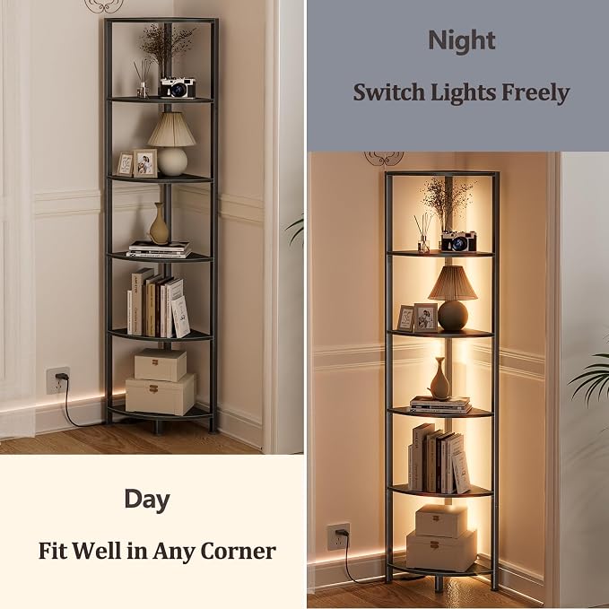 6 Tier Corner Shelf with LED Light, 67.5" Black Narrow Bookshelf | Tall Standing Shelf Organizer, Storage Rack for Wall Corner, Living Room, Bedroom, Metal Frame, Wood Display Shelf