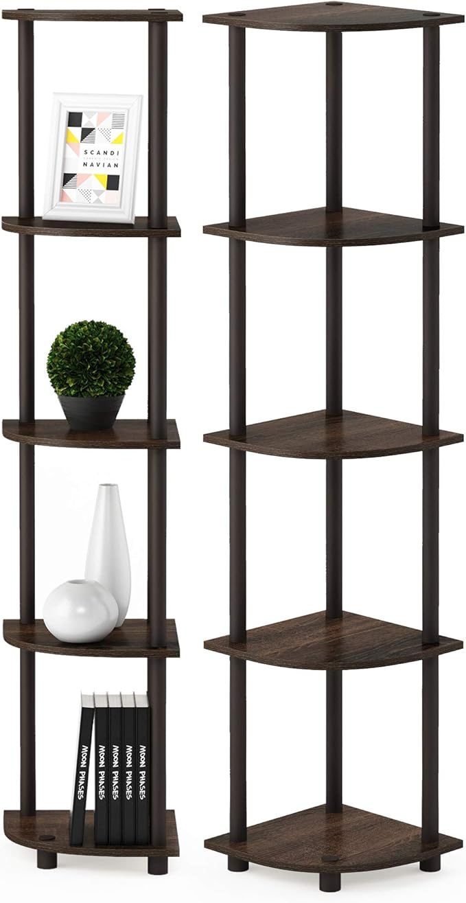 Furinno TURN-N-TUBE Corner Shelf Set of 2, 5-Tier Corner Bookshelf, Open Storage Shelves, for Organization and Storage, Living Room, Home Office, Garage, Walnut