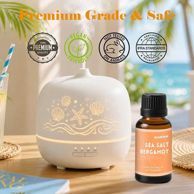 AmaKane Sea Salt Bergamot Fragrance Oil, Summer Essential Oil for Diffuser, Fragrance Oil for Candle Making, DIY Soap Making Scents, Diffuser Oils for Home, Aromatherapy Oils, 30ml