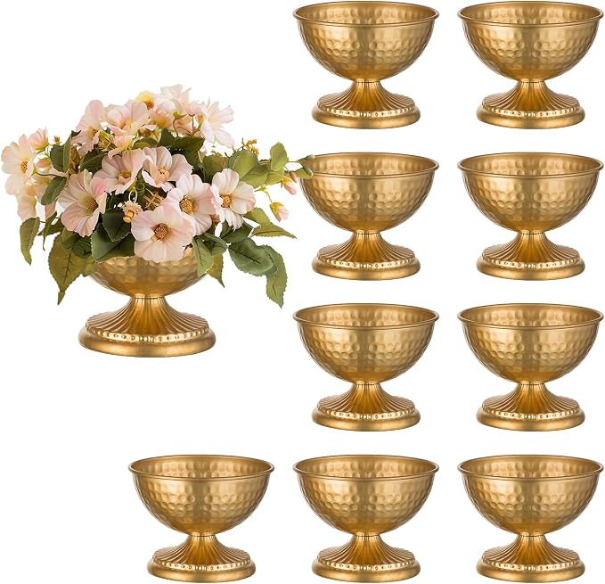 Sziqiqi Gold Urn Vase for Flowers, Wedding Table Compote Vase, 4.3in, 10Pcs | Hammered Vintage Urn Vase, Wedding Table Decoration Centrepieces Set, For Artificial Flowers,Party, Home Decor, Anniversary