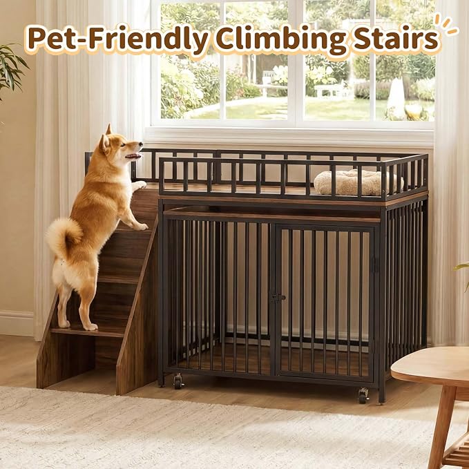 37" Dog Crate Furniture, Wooden Dog Kennel Indoor with Storage (Walnut) | Heavy Duty Pet Cage Indoor for Small & Medium Dogs, Dog Kennel with Storage Shelf, 4 Lockable Wheels and Stairs, Loft-Style