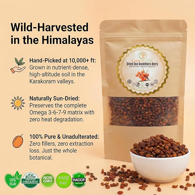 Cure Wid Pure | Organic Whole Dried Seabuckthorn Berries 4oz | Sea Buckthorn Berry From Himalaya | Espino Amarillo | High In Vitamin C,E & Omega 7 | Supports Skin, Immunity, Digestion, & Heart Health