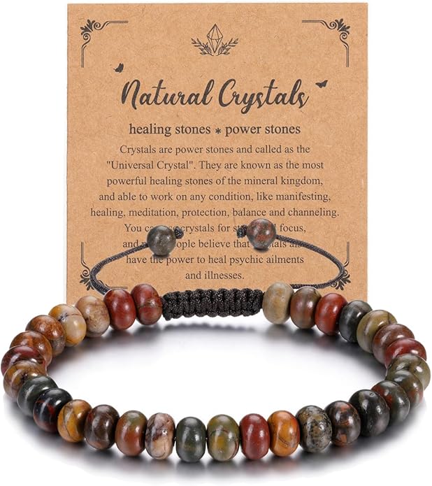 Top Plaza Crystal Beaded Bracelet for Men Healing Crystal Natural Picasso Jasper Gemstone Adjustable Braided Bracelet Men's Energy Spiritual Bracelet Jewelry Christmas Gifts